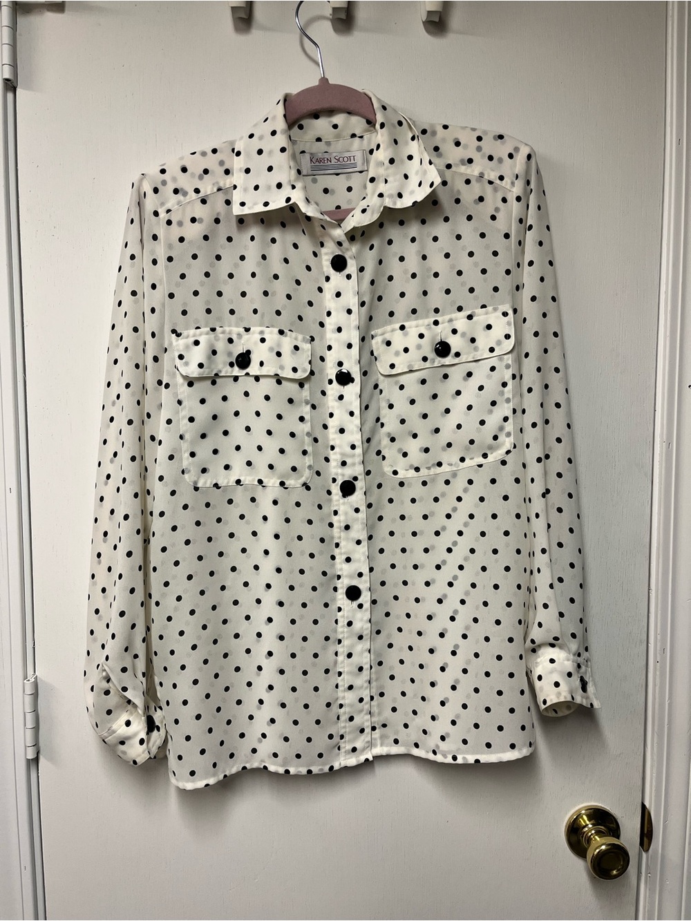 Vintage Karen Scott Polka Dot Blouse Size 6 Sheer Button Front Black White